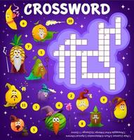 Crossword quiz worksheet, cartoon fruits wizards vector