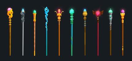 Magic staff set, wizard sorcerer, magician sticks vector