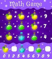 Math game worksheet with magic potion bottles vector