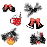 Christmas set of icons with bells, ribbon bow, candles, pine cones and branches, and mug of hot chocolate with marshmallows vector