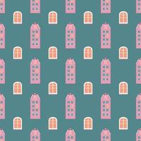 Pattern of pink house and window on green background. Vector image for use in website design or textiles