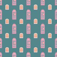 Pattern of pink house and window on green background. Vector image for use in website design or textiles