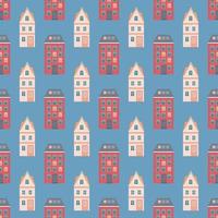 Pattern of red and beige house on blue background. Vector image for use in website design or textiles