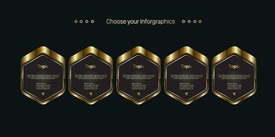 SET of five premium buttons on dark background, and premium Concept of 5 banners for shopping ads design, a gold successive steps, a luxury infographic element vector templates styles