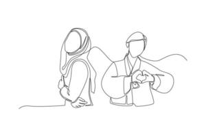 Two people who have different activities, are queuing to wait for an invitation. Continuous line. Simple line vector