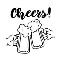 Two hands toasting beer mugs. Cheers text. Clinking glass tankards full of beer with foam. Black outline doodle isolated on white background. Octoberfest Vector Illustration Cheer Beer Toasting