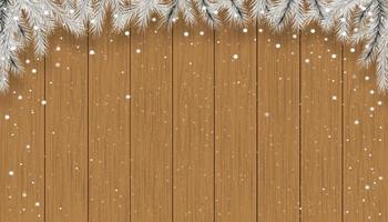 fondo de navidad con copos de nieve en textura de madera marrón, escena de invierno vectorial con nieve en textura de panel de madera, telón de fondo de banner de pantalla 3d para el nuevo año 2023 o promoción de navidad vector