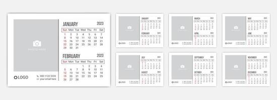 minimal Desk Calendar template for the year 2023 A set of pages for 12 months and cover page of 2023 Vector illustration