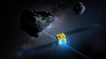 DART satellite on collision course against asteroid DIMORPHOS to divert its orbit. 3D Illustration photo