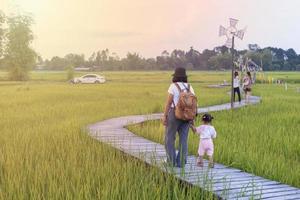 A wooden bridge stretches on a rice field where tourists are walking to see the beauty of the place. photo