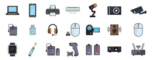 Electronic set icon illustration. contains mobile phone icon, laptop, printer, headphone, air conditioner, camera etc. Lineal color icon style. Simple design editable vector