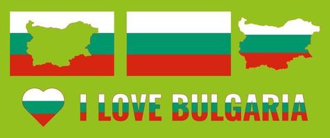 Set of vector illustrations with flag of Bulgaria, country outline map and heart. Travel concept.