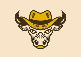 Bull head with cowboy hat retro vintage line art vector