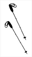 A pair of trekking poles. Black and white doodle vector illustration. The element is hand-drawn and highlighted on a white background. Hiking equipment for walking on rough and mountainous terrain.