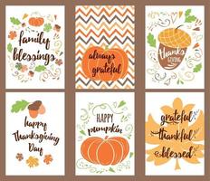 caricatura, vector, mano, dibujado, garabato, feliz, día de acción de gracias, tarjetas. plantillas de diseño de pancartas verticales con calabaza, hojas de arce, roble para invitación o diseño de felicitación hecho en colores otoñales vector