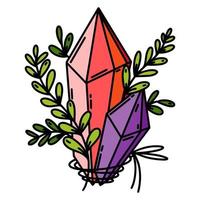 Bright magic crystal vector icon. Quartz and ivy branch tied with a thread. Celestial prism isolated on white. Flat cartoon clipart. Illustration for games, cosmetics, print, logo, tattoo, web