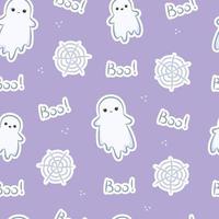 Seamless pattern with stickers ghosts, lettering boo and web. Cute kawaii halloween print for design, background, wrapping paper and web design. Vector illustration