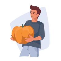 Autumn fair. Man with pumpkins. Vector image.