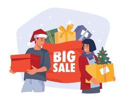 People with gifts. Girl and guy with a gift box. Christmas sale. Preparing for Christmas. Vector image.