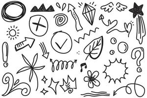 Hand drawn set elements, Abstract arrows, ribbons, hearts, stars, crowns and other elements in a hand drawn style for concept designs. Scribble illustration. Vector illustration.