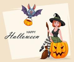 Happy Halloween. Beautiful witch and funny bat vector