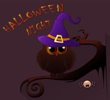 Cartoon owl in hat sitting on the branch. Halloween icon vector