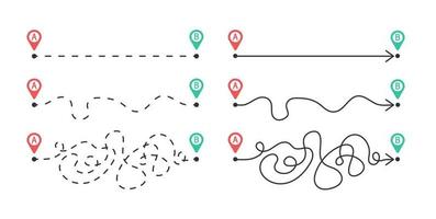 The concept of creating a route from point A to point B. Three options for the path. The easy way, the middle way, and the hard way. Straight line, confusing and dotted line.Vector illustration vector