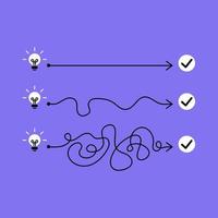 The concept of realizing an idea. Expectations versus reality. Plan B. The easy way or the hard way. Vector illustration isolated on white background.