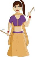 Indian Gujrati Girl Wearing Lehnga Choli and Holding Dandia Sticks Vector Illustration Cartoon