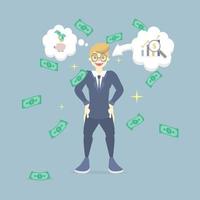 businessman standing with growth graph and falling, floating money, thinking about saving money concept, flat vector illustration character cartoon design clip art