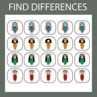 find the difference. Logic game for children. Find an extra dolls vector