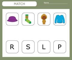 Find the first letter of the clothes  and connect. Educational game for children. vector