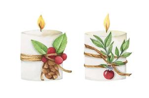 Set of lighting Christmas candle. Watercolor illustration. vector