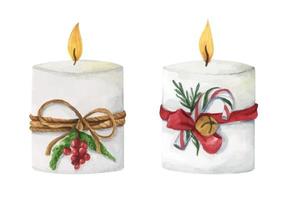 Set of lighting Christmas candle. Watercolor illustration. vector