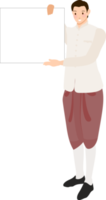 Thai traditional couple holding empty blank white board for text png