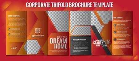 Corporate tri-fold brochure template design Premium. Vector triple folding brochure for business and advertising. The template is white with a red hexagon and a place for photos.