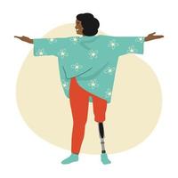 African american Disabled woman doing yoga, living full life. People with Disabilities, Prosthesis, amputation, Inclusion. Vector illustration.