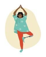 mujer especial afroamericana haciendo yoga. personas con discapacidad, prótesis, amputación, inclusión. ilustración vectorial vector