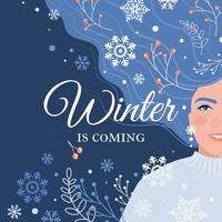 diseño de postales con una joven hermosa de cabello azul y la inscripción se acerca el invierno. disfruta del concepto de navidad. ilustración vectorial en estilo plano. vector