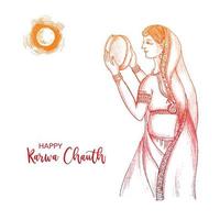 Karwa chauth festival card with indian woman sketch background vector