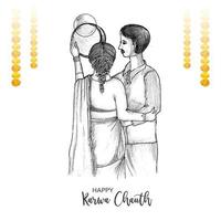 Karwa chauth festival card with indian copule sketch background vector