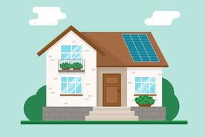 Vector illustration of traditional house with solar panels on the roof. Green energy and eco friendly concept