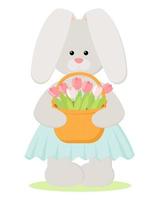 Easter Bunny holds a basket of tulips. Vector illustration of cute flat bunny character isolated on white background. Designed for leaflet, sticker, postcard, poster