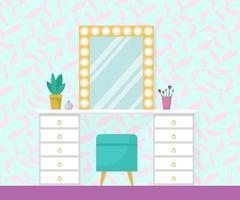 Flat vector illustration with make up vanity table, mint poof, gold mirror with lights