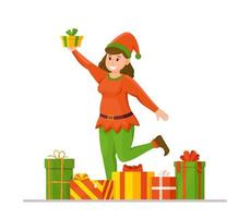 Vector illustration of the concept of an elf preparing presents for children. Santa's helper helps to prepare presents.