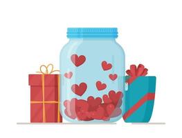 Vector illustration present jar. Concept for the day of love. Gifts for Valentine's Day or March 8.