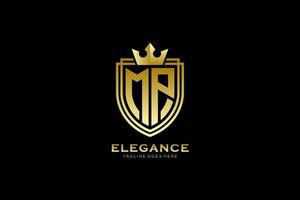 initial MP elegant luxury monogram logo or badge template with scrolls and royal crown - perfect for luxurious branding projects vector