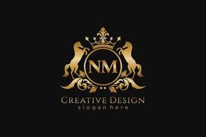 initial NM Retro golden crest with circle and two horses, badge template with scrolls and royal crown - perfect for luxurious branding projects vector