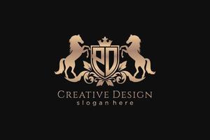 initial PO Retro golden crest with shield and two horses, badge template with scrolls and royal crown - perfect for luxurious branding projects vector