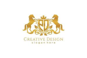 initial PQ Retro golden crest with shield and two horses, badge template with scrolls and royal crown - perfect for luxurious branding projects vector